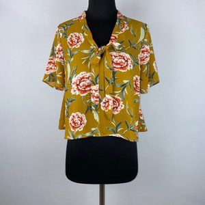Bleuh Ciel S Floral Crop Top Tie Neckline Accent